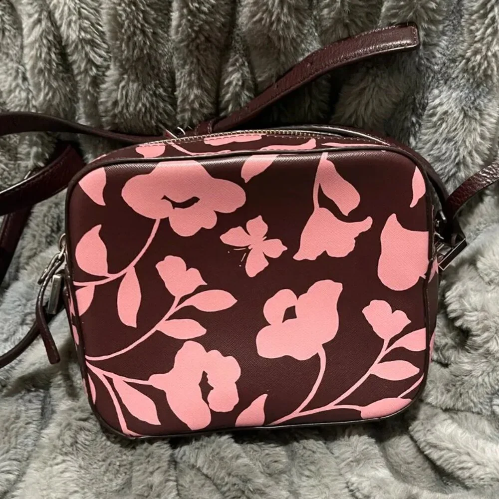 Kate Spade New York Burgundy & Pink Floral Saffiano Camera Crossbody